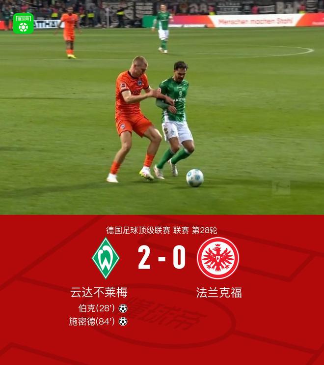 不萊梅勝法蘭克福，施密德助攻，伯克進球，2-0