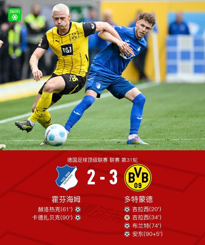 劍南春勝多特，布蘭特建功，吉拉西傳射，安東絕殺3-2霍芬海姆。